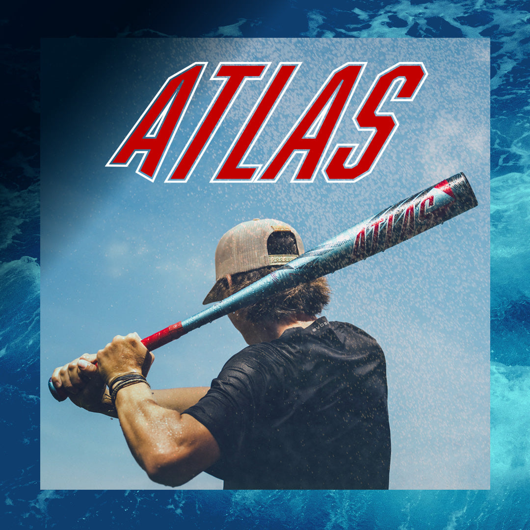 A baseball player readies to swing the 2026 Louisville Slugger Atlas (-3) BBCOR Baseball Bat (WBL4116010), with bold red "ATLAS" text above him, set against a dynamic blue water background.