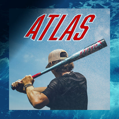 A baseball player readies to swing the 2026 Louisville Slugger Atlas (-3) BBCOR Baseball Bat (WBL4116010), with bold red "ATLAS" text above him, set against a dynamic blue water background.
