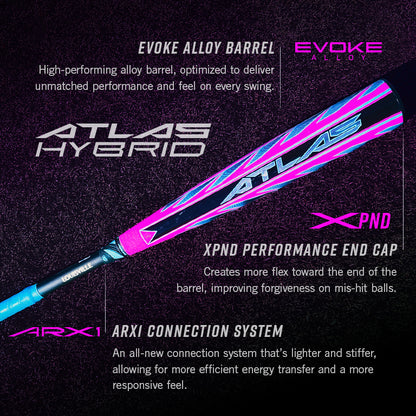 A close-up of the 2026 Louisville Slugger Atlas Hybrid (-3) BBCOR Baseball Bat (WBL4114010), featuring its EVOKE Alloy Barrel, XPND Performance End Cap, ARX1 Connection System, and a bold pink, blue, and black design.