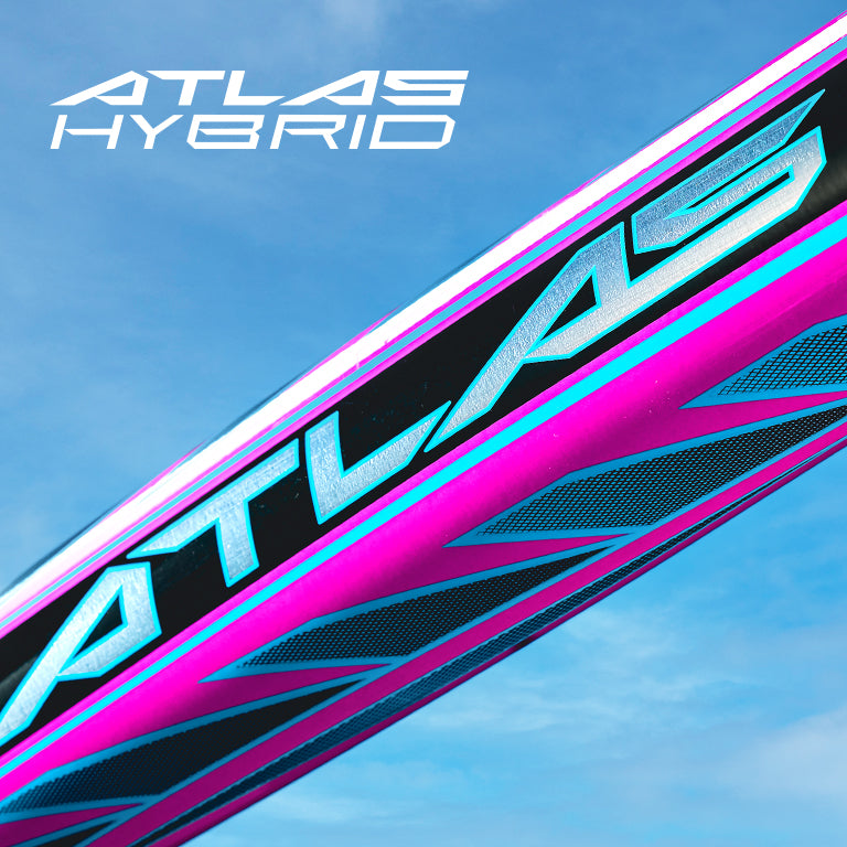 Close-up of the 2026 Louisville Slugger Atlas Hybrid (-3) BBCOR Baseball Bat (WBL4114010), featuring bold blue and pink Atlas branding, set against a blue sky background.