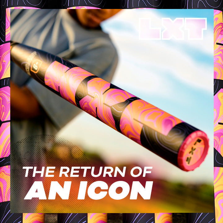 A person holds the vibrant pink and black Louisville Slugger LXT (-10) Fastpitch Softball Bat (WBL4277010), boldly labeled LXT and 2x1. Text reads, The return of an icon. Against a blurred backdrop with bright, dynamic patterns, this bat features a balanced swing weight and composite barrel—delivering standout style and top-tier performance from Louisville Slugger.