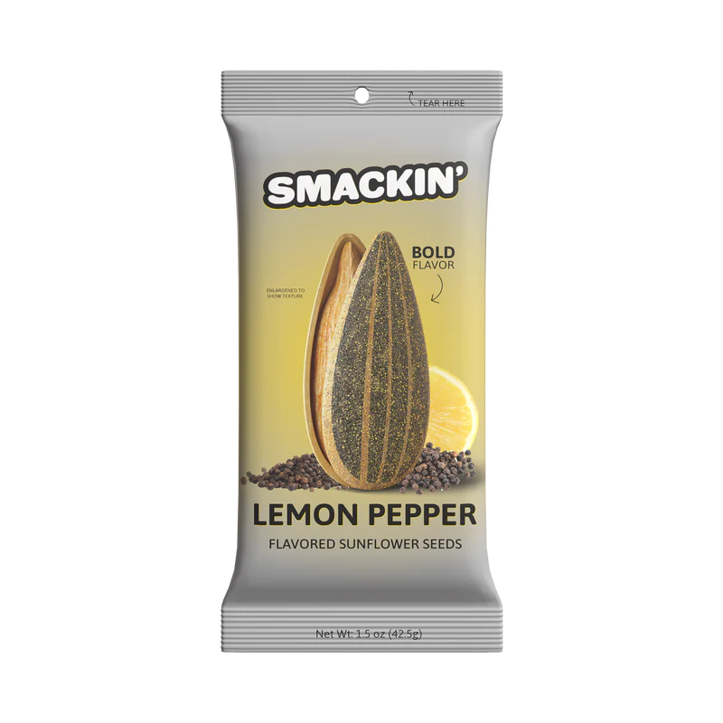 Smackin' Sunflower Seeds - 1.5oz features jumbo seeds, lemon, and peppercorns on gray packaging with yellow and white text to highlight bold flavors. By Smackin' Sunflower Seeds. Net weight: 1.5 oz (42.5g).