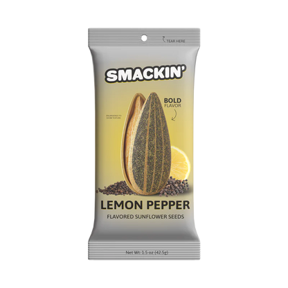 Smackin' Sunflower Seeds - 1.5oz features jumbo seeds, lemon, and peppercorns on gray packaging with yellow and white text to highlight bold flavors. By Smackin' Sunflower Seeds. Net weight: 1.5 oz (42.5g).