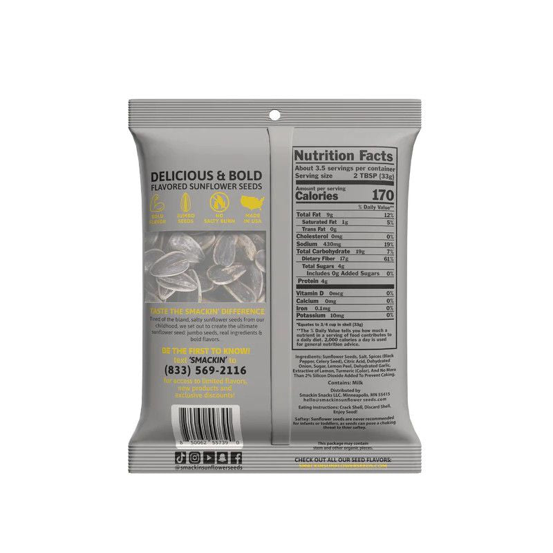Back of a gray 4oz Smackin' Sunflower Seeds bag by Smackin' Sunflower Seeds, featuring nutritional facts, barcode, contact info, seed images, and highlights about unique flavor and premium quality.