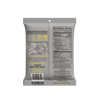 Back of a gray 4oz Smackin' Sunflower Seeds bag by Smackin' Sunflower Seeds, featuring nutritional facts, barcode, contact info, seed images, and highlights about unique flavor and premium quality.