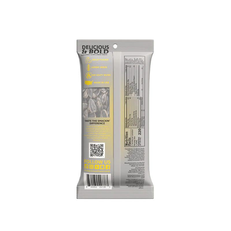 Back of a Smackin' Sunflower Seeds - 1.5oz bag by Smackin' Sunflower Seeds shows nutrition info, a QR code, bold flavor and extra crunchy text, jumbo seed graphics, and highlights it's made in the USA.