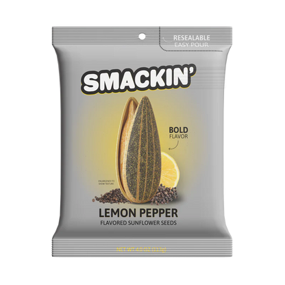 A 4oz bag of Smackin' Sunflower Seeds in Lemon Pepper flavor is shown, featuring a gray and yellow design with a sunflower seed, lemon slice, peppercorns, and "Bold Flavor" text on the front.