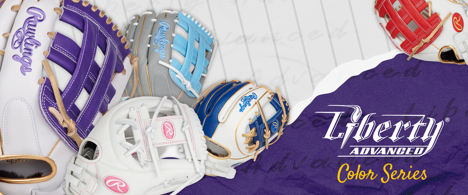 Five colorful softball gloves, including purple, blue, white, and red versions, are displayed on a striped background. The text reads “Liberty Advanced Color Series” with the Rawlings logo on each glove.