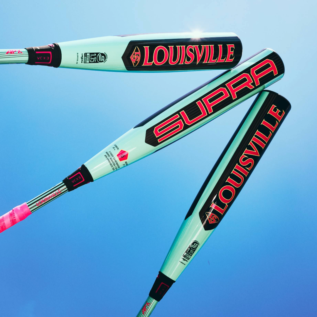 Three mint green and black Louisville Slugger Supra (-5) USSSA baseball bats (WBL4120010) are held up to the sky. Two feature the “LOUISVILLE” logo, while one displays the bold red “SUPRA”—ideal for travel ball players.