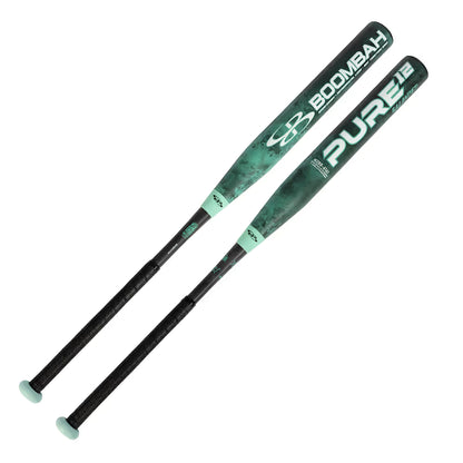 Two green and black BoombahPure Pure12 Teal Control 12" Balanced NSA USSSA Slowpitch Softball Bats (M2B0-6141 TL), with black handles and teal end caps, are shown side by side on a white background.