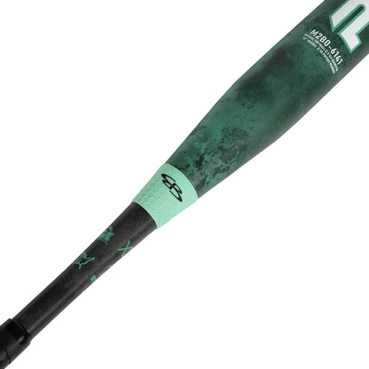 A close-up of the Boombah 2026 Pure12 Teal Control 12" Balanced Slowpitch Softball Bat shows its green and black textured grip, white logos near the end, and a marbled barrel with advanced X25 Barrel Technology.