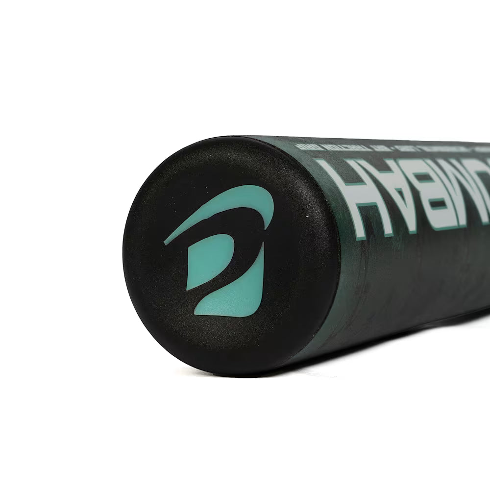 Close-up of the end cap on the 2026 BoombahPure Pure12 Teal Control 12" Balanced NSA USSSA Slowpitch Softball Bat, highlighting its balanced design and advanced X25 Barrel Technology with a bold teal Boombah logo.