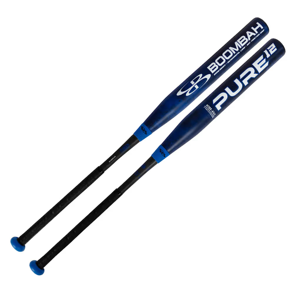 Two BoombahPure Pure12 Blue Boom 12" Endloaded NSA USSSA slowpitch bats (model M2B0-6142 RB) with X25 Barrel Technology are displayed side by side, featuring blue and black barrels, white branding, black handles, and blue end caps.