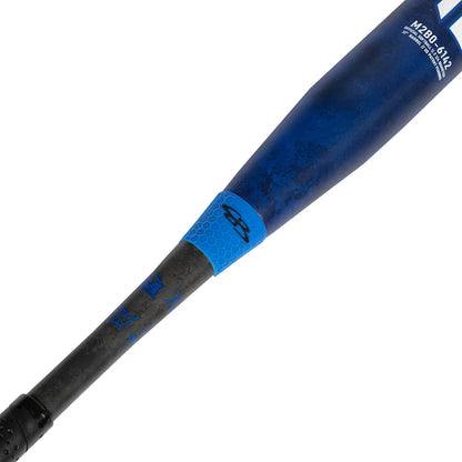 Close-up of the handle and lower barrel of a Boombah 2026 BoombahPure Pure12 Blue Boom 12" Endloaded NSA USSSA Slowpitch Softball Bat, featuring a textured grip, Boombah logo, and X25 Barrel Technology for enhanced performance.