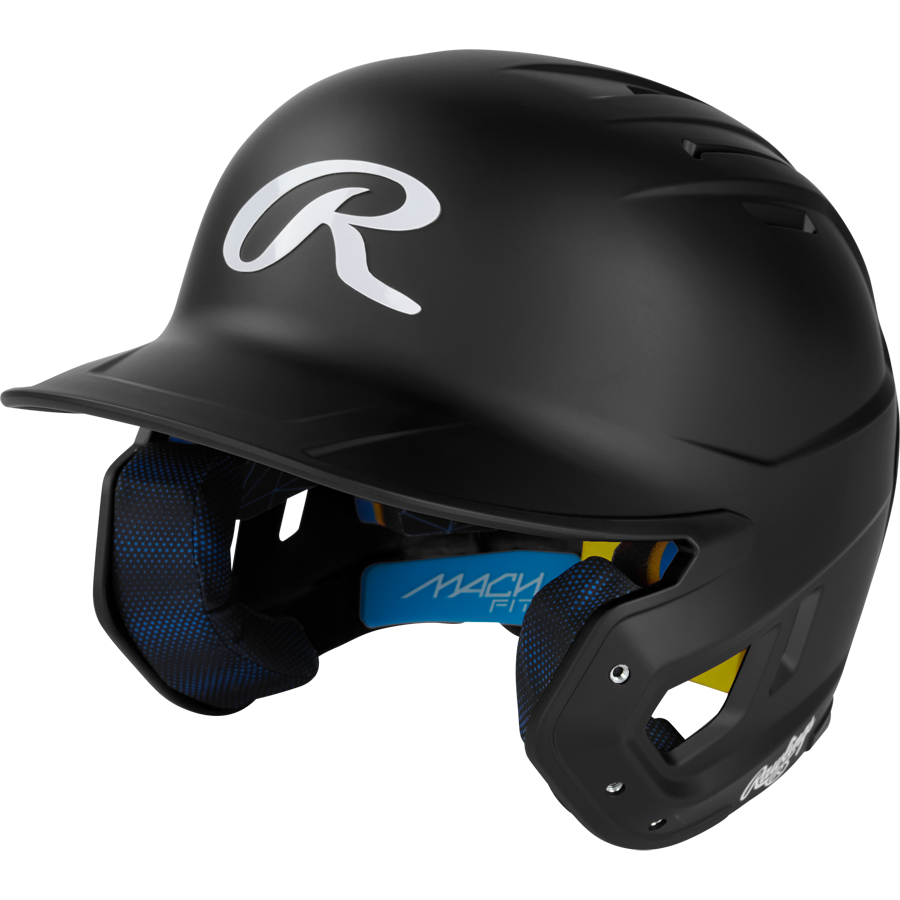 The Rawlings Mach Fit Matte Batting Helmet: MACHFIT is a black helmet with a matte finish, white R logo, ear flaps, blue IMPAX foam padding inside, and top and side ventilation holes.