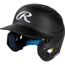 The Rawlings Mach Fit Matte Batting Helmet: MACHFIT is a black helmet with a matte finish, white R logo, ear flaps, blue IMPAX foam padding inside, and top and side ventilation holes.