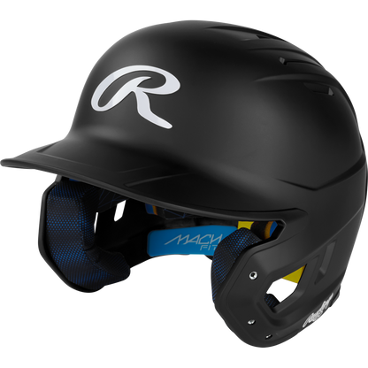 The Rawlings Mach Fit Matte Batting Helmet: MACHFIT is a black helmet with a matte finish, white R logo, ear flaps, blue IMPAX foam padding inside, and top and side ventilation holes.