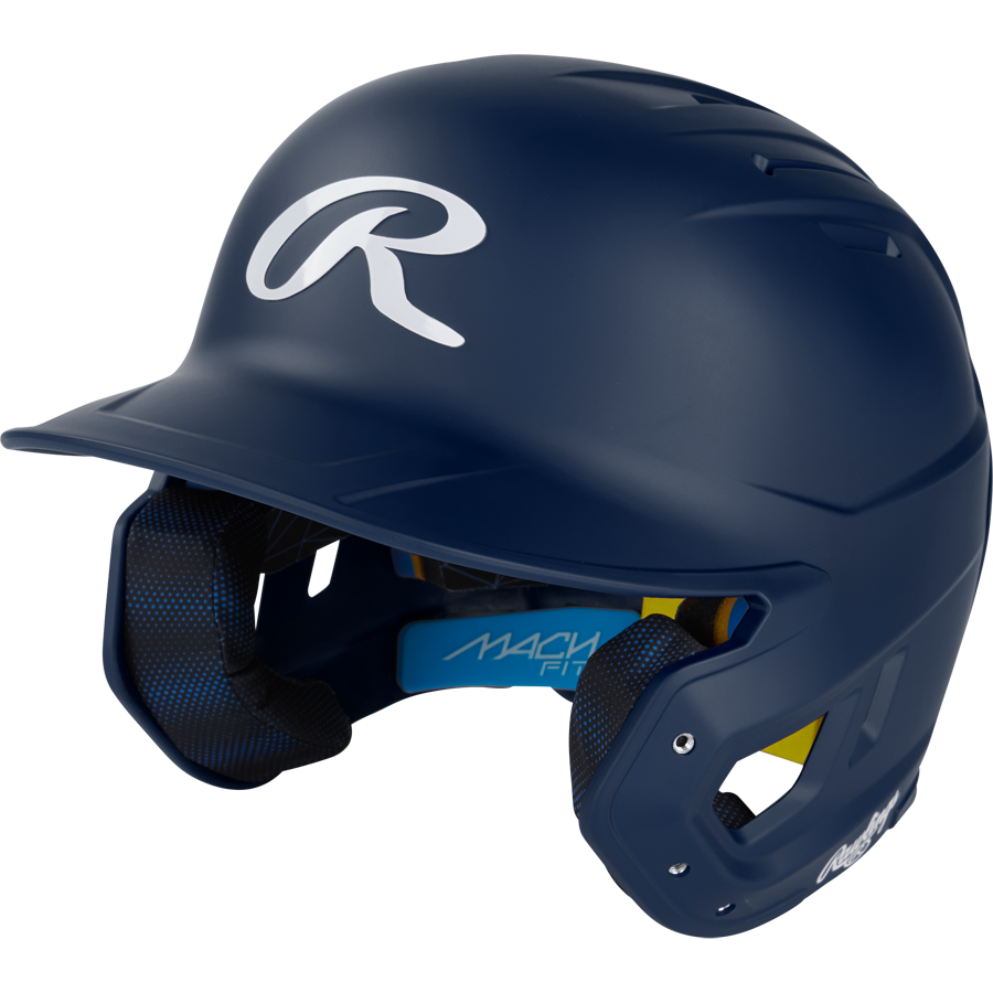 A blue Rawlings Mach Fit Matte Batting Helmet (MACHFIT) with a white logo, featuring advanced IMPAX foam technology for superior protection.