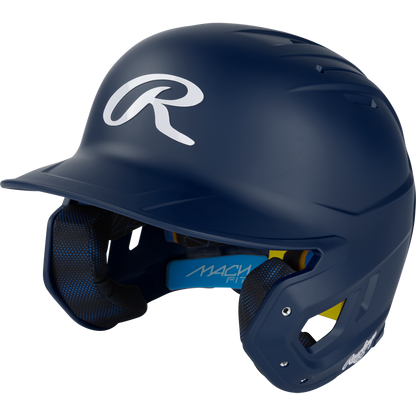 A blue Rawlings Mach Fit Matte Batting Helmet (MACHFIT) with a white logo, featuring advanced IMPAX foam technology for superior protection.