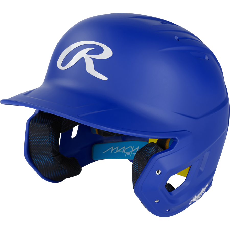 A blue Rawlings Mach Fit Matte Batting Helmet (MACHFIT) with a white R logo, black IMPAX foam padded interior, and dual ear protection, displayed on a plain white background.