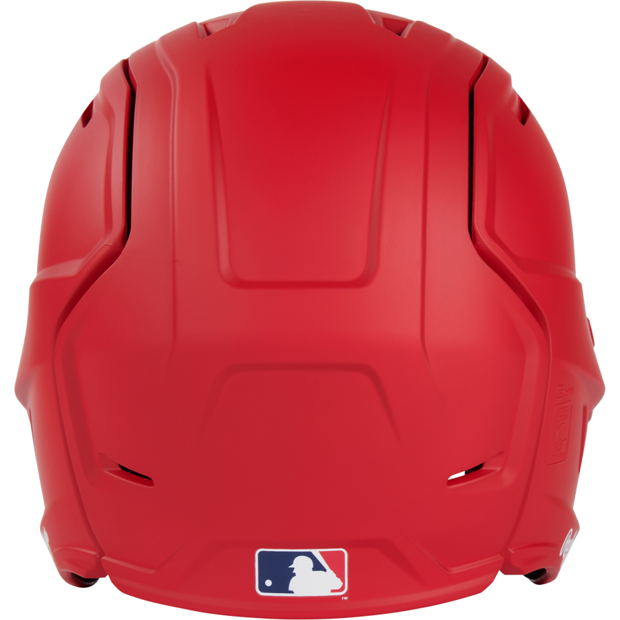 A solid red Rawlings Mach Fit Matte Batting Helmet (MACHFIT) shown from the back, displaying the MLB logo at the bottom center and designed with advanced IMPAX foam technology for top-level protection.