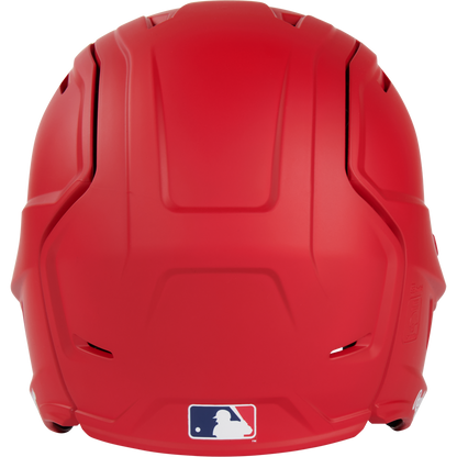 A solid red Rawlings Mach Fit Matte Batting Helmet (MACHFIT) shown from the back, displaying the MLB logo at the bottom center and designed with advanced IMPAX foam technology for top-level protection.