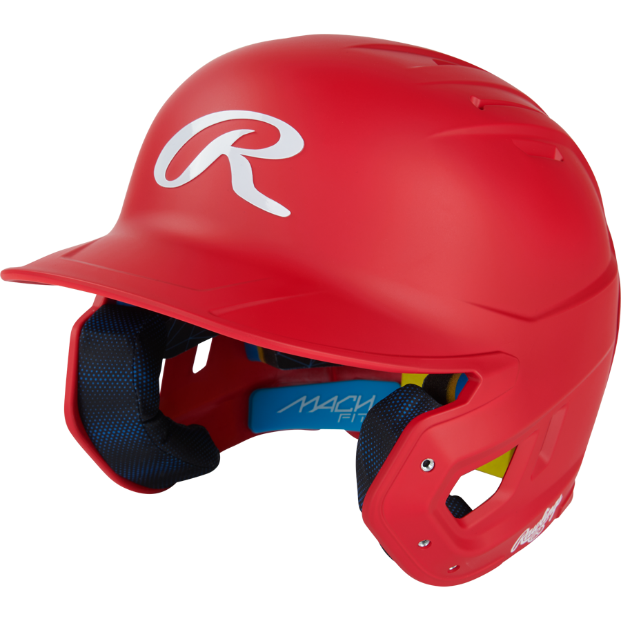 A bright red Rawlings Mach Fit Matte Batting Helmet (MACHFIT) features a white R logo, top ventilation holes, padded black and blue lining, and IMPAX foam technology for enhanced protection.