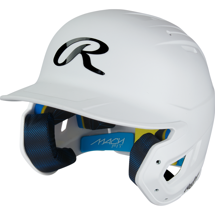 The Rawlings Mach Fit Matte Batting Helmet (MACHFIT) is a white helmet with blue and yellow accents, designed for comfort and protection.