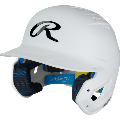 The Rawlings Mach Fit Matte Batting Helmet (MACHFIT) is a white helmet with blue and yellow accents, designed for comfort and protection.