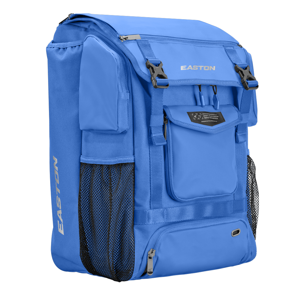 The Easton MAV1 Backpack: MAV1BP is a blue, high-capacity gear bag with black straps—ideal for carrying all your baseball essentials.