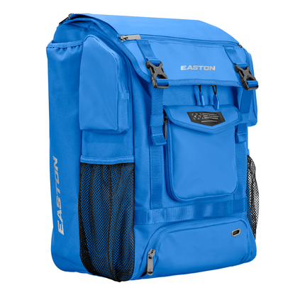 The Easton MAV1 Backpack: MAV1BP is a blue, high-capacity gear bag with black straps—ideal for carrying all your baseball essentials.