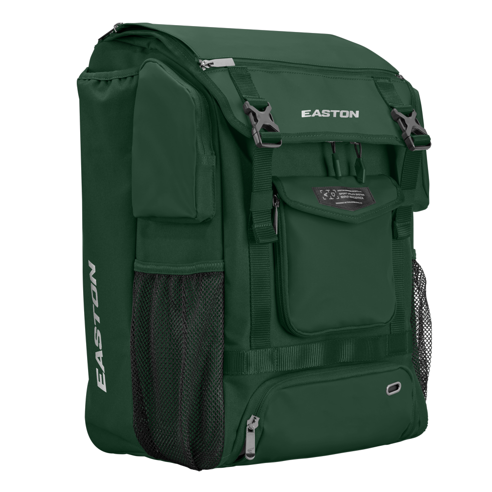 The Easton MAV1 Backpack: MAV1BP is a large dark green gear bag with side mesh pockets, front zippered compartments, and sturdy black buckles—perfect for carrying all your athletic or baseball equipment.