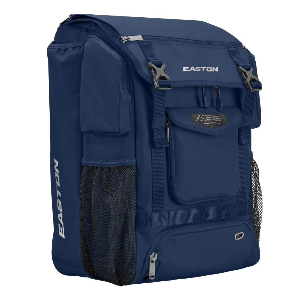 The Easton MAV1 Backpack: MAV1BP is a blue, high-capacity gear bag featuring multiple zippered compartments, mesh side pockets, and adjustable straps—ideal for baseball or travel.