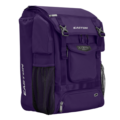 A spacious purple Easton MAV1 Backpack (MAV1BP) with multiple zippered compartments, side mesh pockets, sturdy straps, and the Easton logo on both the side and front.