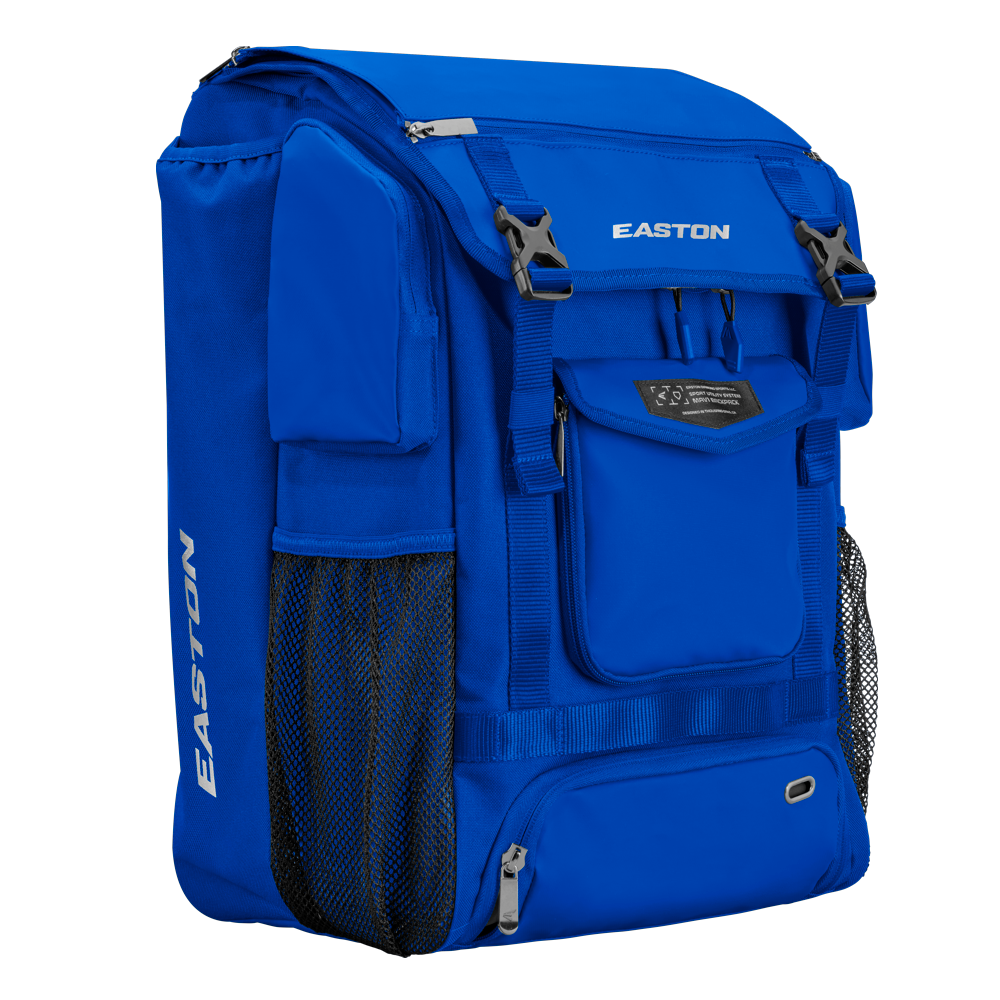The Easton MAV1 Backpack (MAV1BP) is a bright blue, high-capacity gear bag with multiple zippered compartments, mesh side pockets, silver buckles, and the white Easton logo displayed on the front and side.