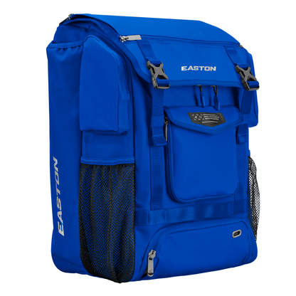 The Easton MAV1 Backpack (MAV1BP) is a bright blue, high-capacity gear bag with multiple zippered compartments, mesh side pockets, silver buckles, and the white Easton logo displayed on the front and side.