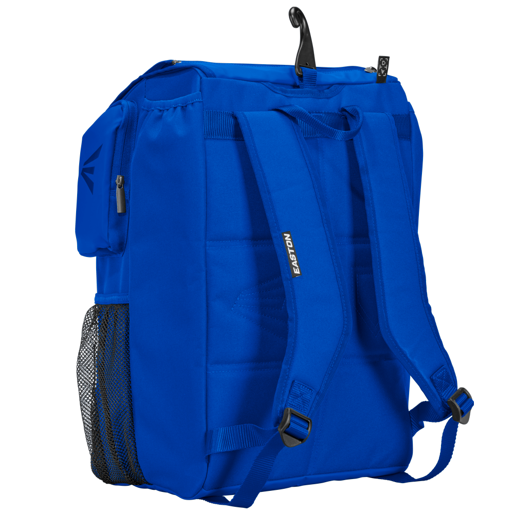 The Easton MAV1 Backpack: MAV1BP is a spacious blue gear bag with a hook, ideal for carrying all your baseball essentials.