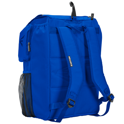 The Easton MAV1 Backpack: MAV1BP is a spacious blue gear bag with a hook, ideal for carrying all your baseball essentials.