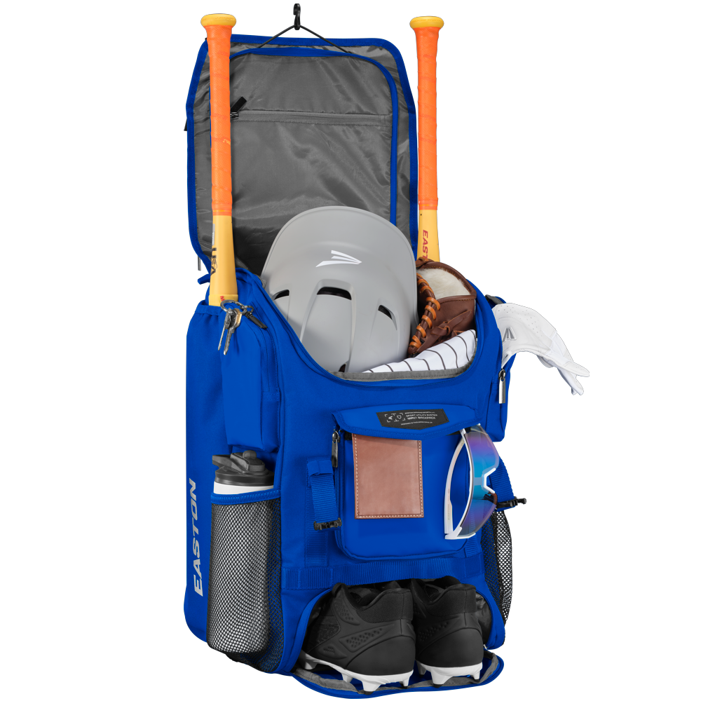 The Easton MAV1 Backpack: MAV1BP, a spacious blue gear bag, neatly holds two yellow bats, a helmet, glove, cleats, water bottle, sunglasses and more in organized compartments—shown with its main pocket open.