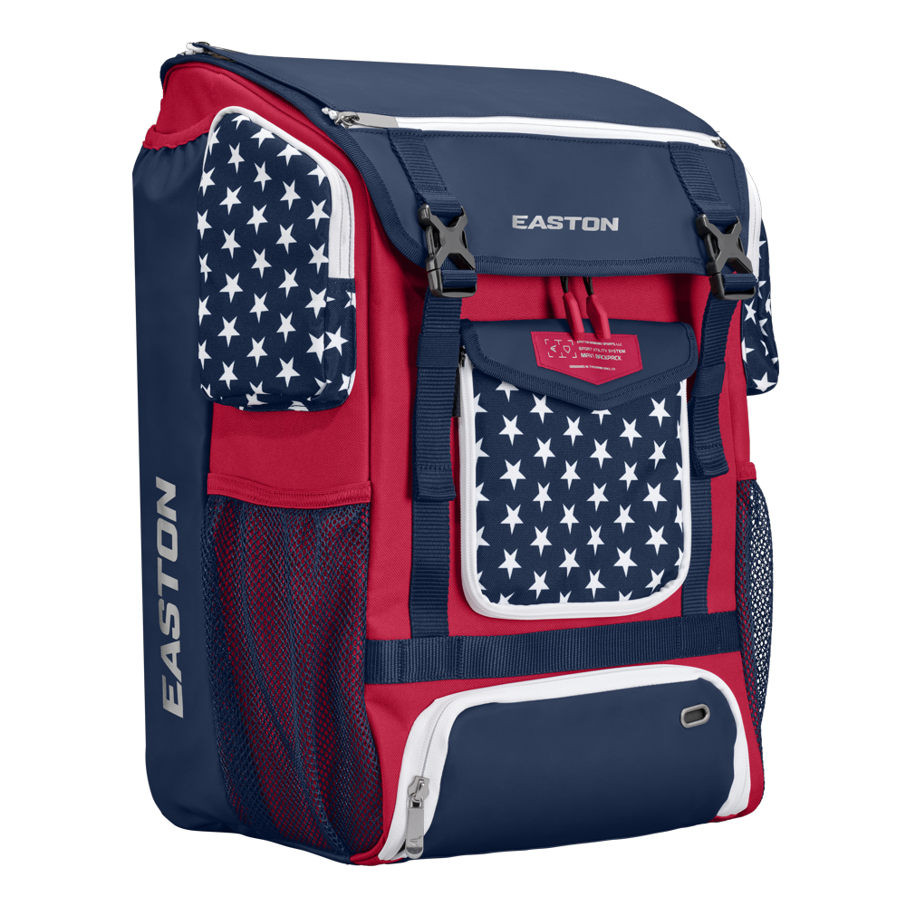 The Easton MAV1 Backpack: MAV1BP features star patterns, mesh side sleeves, and multiple compartments—a spacious, high-capacity gear bag ideal for baseball players.