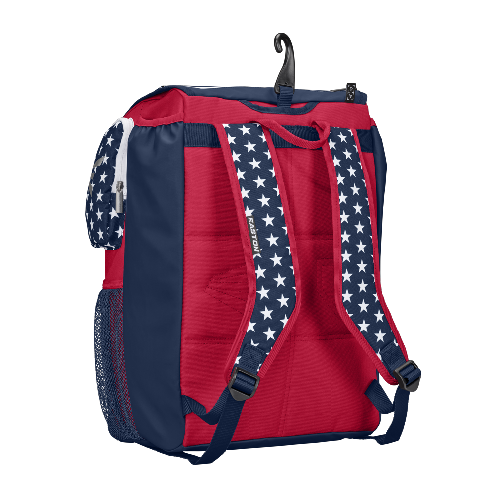 The Easton MAV1 Backpack: MAV1BP features a red, white, and blue design with white stars on navy straps and sides, padded back panels, mesh side pocket, and a top hanger hook—ideal for carrying lots of gear.