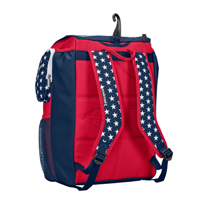 The Easton MAV1 Backpack: MAV1BP features a red, white, and blue design with white stars on navy straps and sides, padded back panels, mesh side pocket, and a top hanger hook—ideal for carrying lots of gear.
