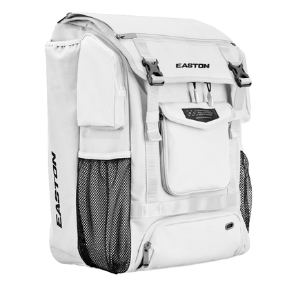 The Easton MAV1 Backpack (MAV1BP) features multiple compartments, mesh side pockets, black zippers and buckles, and the Easton logo on the front and side. This spacious gear bag stands upright on a plain white background.