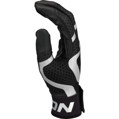 The Easton Mav GT Youth Batting Glove (MAVGTYBG) in black and gray features a honeycomb pattern, reflective accents, and a bold white Easton logo on the wrist strap, shown upright with slightly bent fingers.