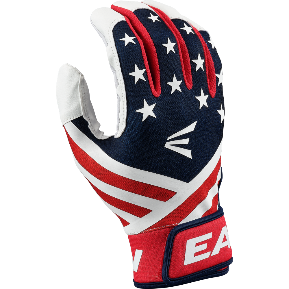 The Easton Mav GT Youth Batting Gloves (MAVGTYBG) feature a USA-inspired red, white, and blue design with stars and stripes, durable goatskin leather, and the Easton logo on the back of the hand.