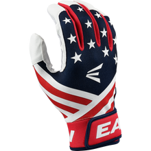 The Easton Mav GT Youth Batting Gloves (MAVGTYBG) feature a USA-inspired red, white, and blue design with stars and stripes, durable goatskin leather, and the Easton logo on the back of the hand.