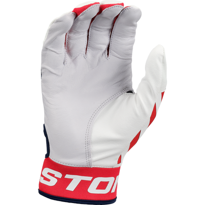 A white and red Easton Mav GT Youth Batting Glove with visible stitching, a partially closed hand, and "STON" in bold on the wristband—made from premium goatskin leather for top comfort and performance.