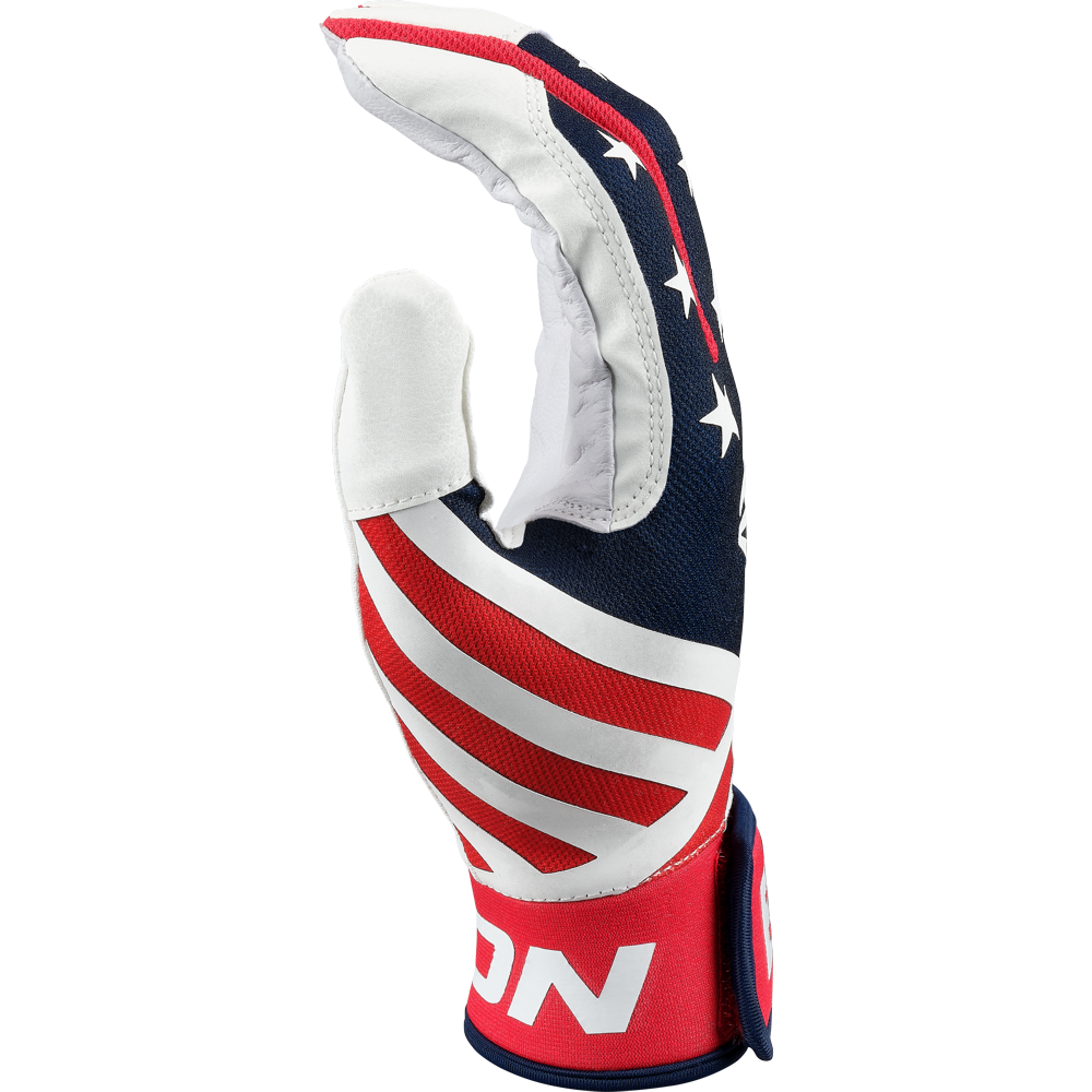 The Easton Mav GT Youth Batting Gloves (MAVGTYBG) feature a patriotic stars and stripes design in premium goatskin leather, resembling the American flag—perfect for young players seeking both style and performance.