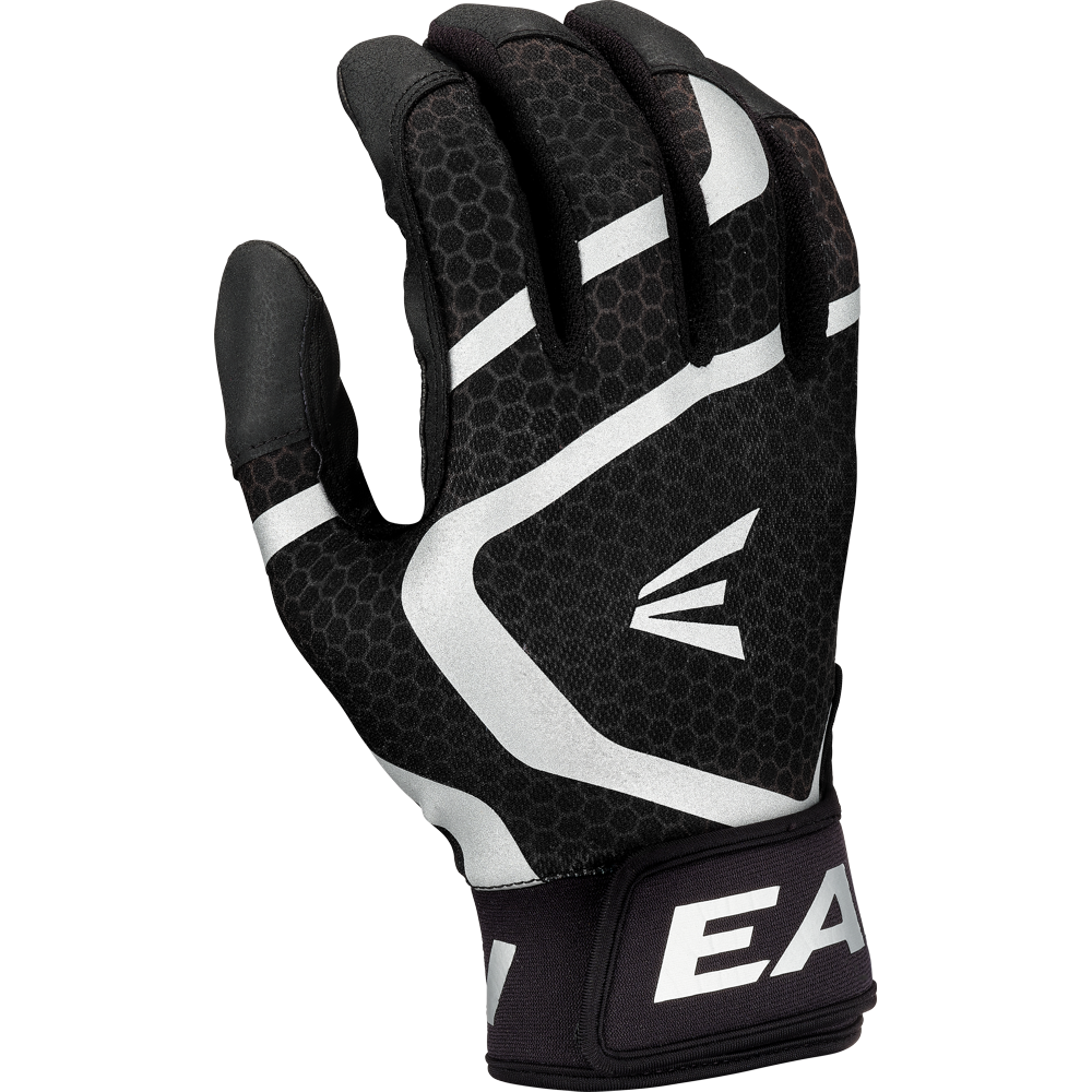 The Easton Mav GT Youth Batting Glove (MAVGTYBG) in black features a hexagonal pattern, white and gray accents, the Easton logo on the back, and is made from durable goatskin leather. The palm faces away with slightly bent fingers for a natural fit.