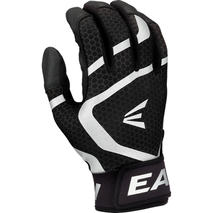 The Easton Mav GT Youth Batting Glove (MAVGTYBG) in black features a hexagonal pattern, white and gray accents, the Easton logo on the back, and is made from durable goatskin leather. The palm faces away with slightly bent fingers for a natural fit.